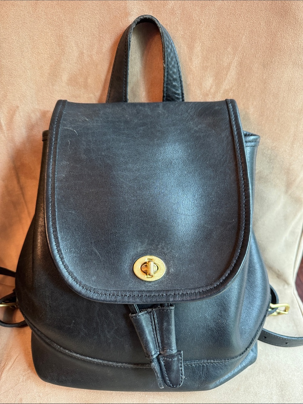 Classic Coach Black Leather Backpack with Gold Turnlock